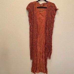 Artistic dress & “jacket”, crystal pleat tank dress, crocheted, ribboned overlay